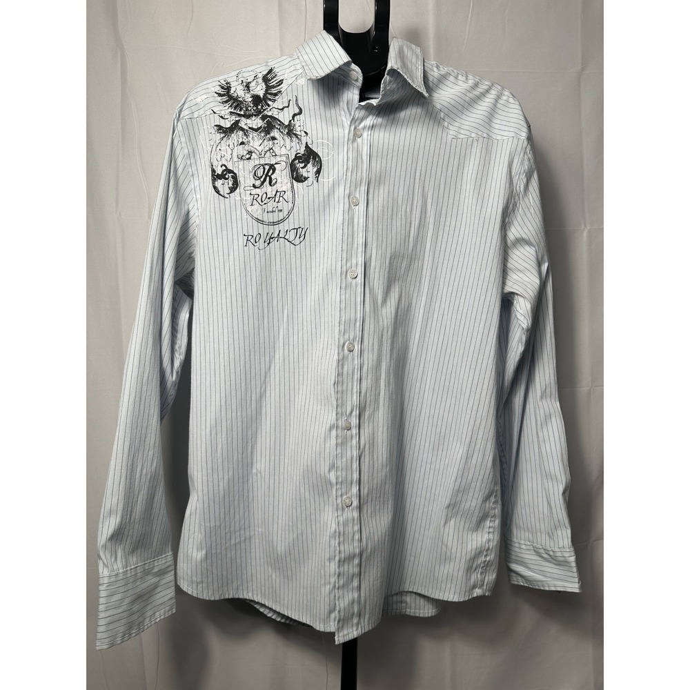 Roar Royalty Mens Striped Button Down Shirt Blue White Graphic Crest W211232B